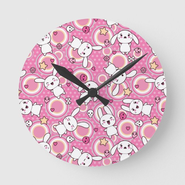kawaii pink pattern round clock (Front)