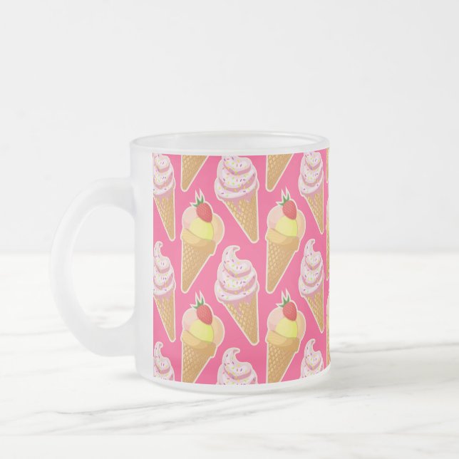 Kawaii pink pattern with strawberry ice cream  frosted glass coffee mug (Left)