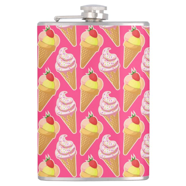 Kawaii pink pattern with strawberry ice cream  hip flask (Front)