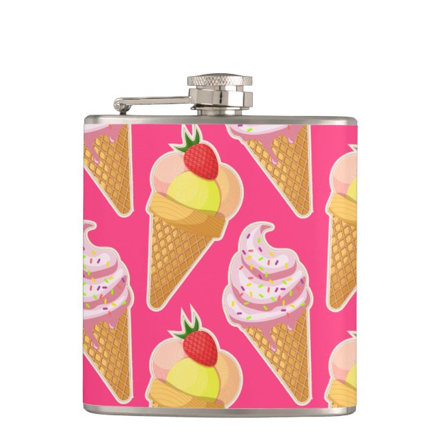 Kawaii pink pattern with strawberry ice cream  hip flask (Front)