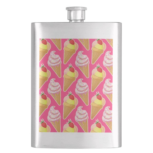 Kawaii pink pattern with strawberry ice cream  hip flask (Front)