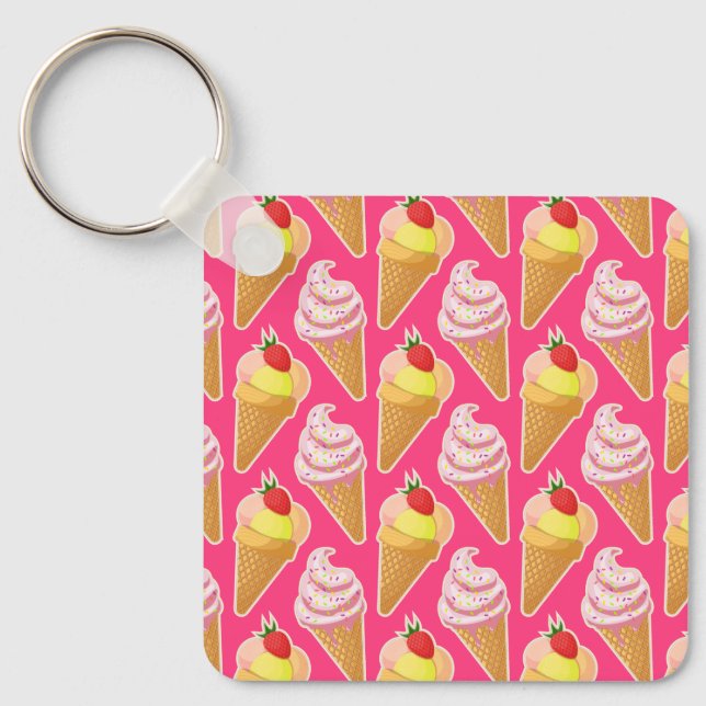 Kawaii pink pattern with strawberry ice cream  key ring (Front)