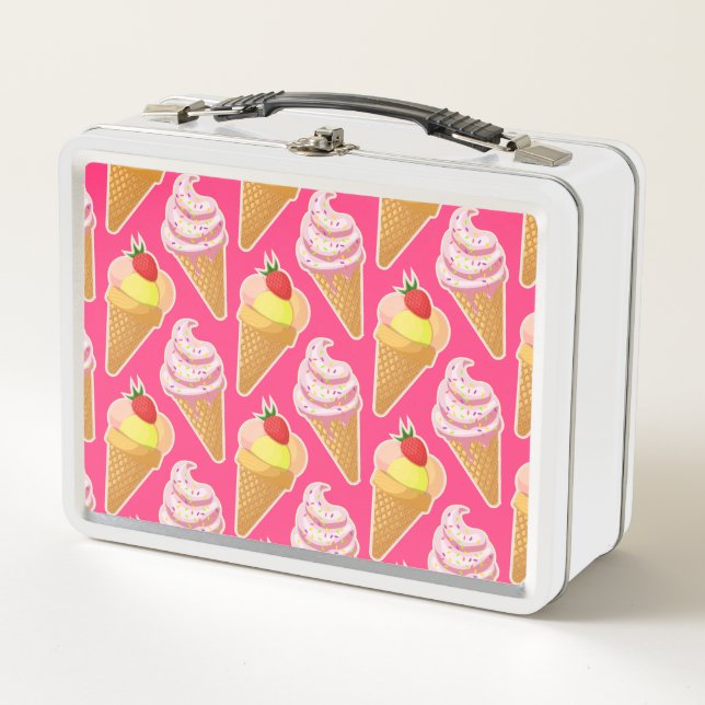 Kawaii pink pattern with strawberry ice cream  metal lunch box (Front)