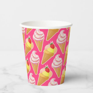 Kawaii pink pattern with strawberry ice cream  paper cups