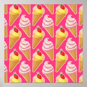 Kawaii pink pattern with strawberry ice cream  poster