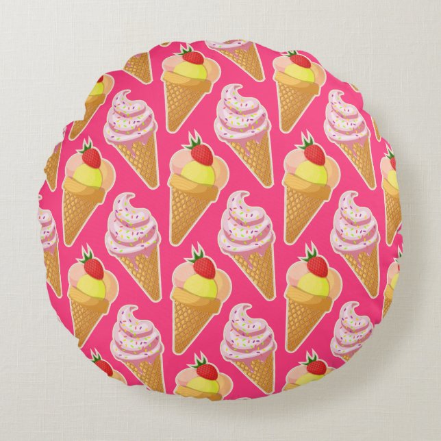 Kawaii pink pattern with strawberry ice cream  round cushion (Front)
