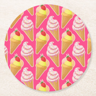 Kawaii pink pattern with strawberry ice cream  round paper coaster