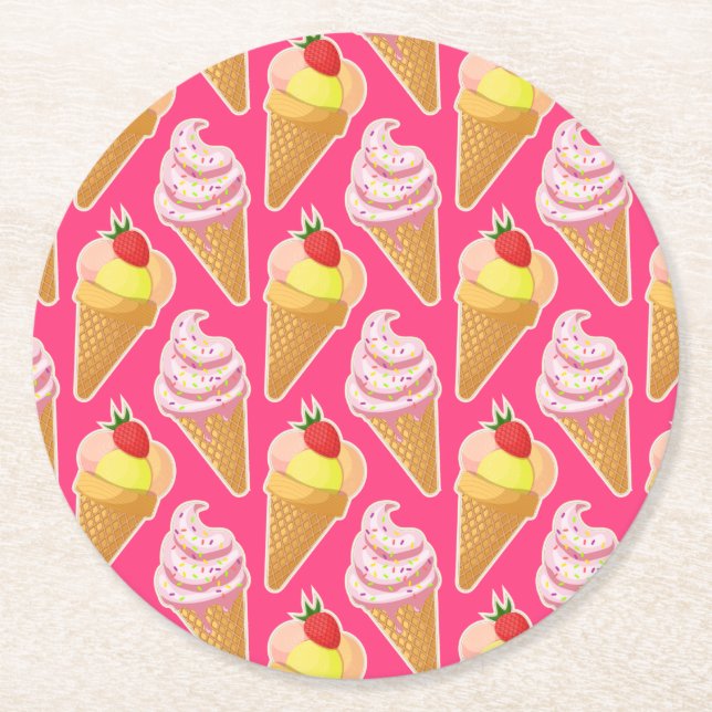Kawaii pink pattern with strawberry ice cream  round paper coaster (Front)