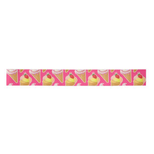 Kawaii pink pattern with strawberry ice cream  satin ribbon