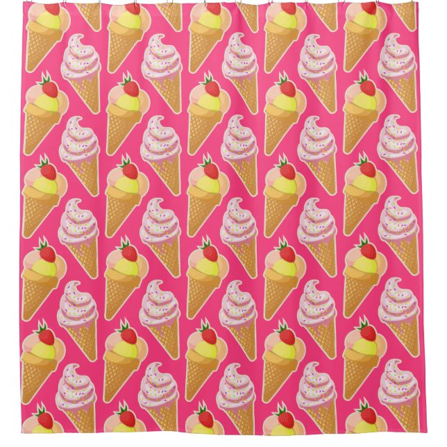 Kawaii pink pattern with strawberry ice cream shower curtain (Front)