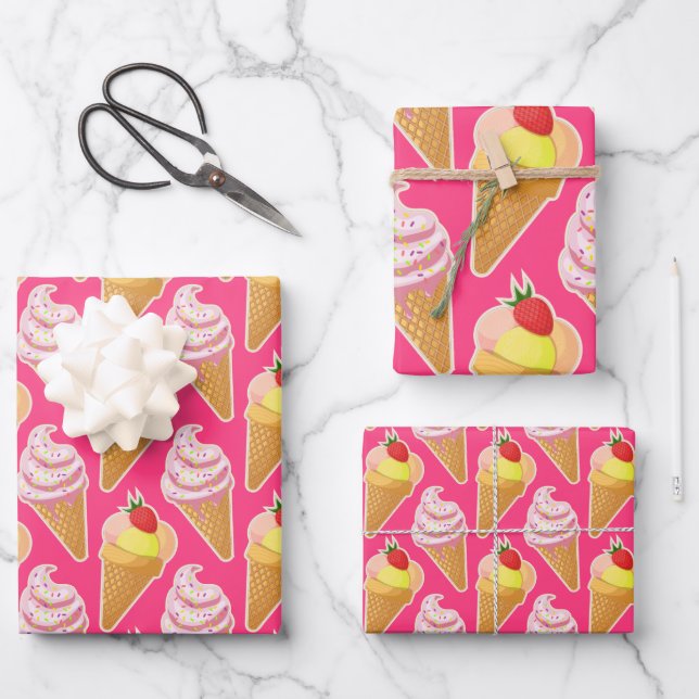 Kawaii pink pattern with strawberry ice cream wrapping paper sheet (Front)