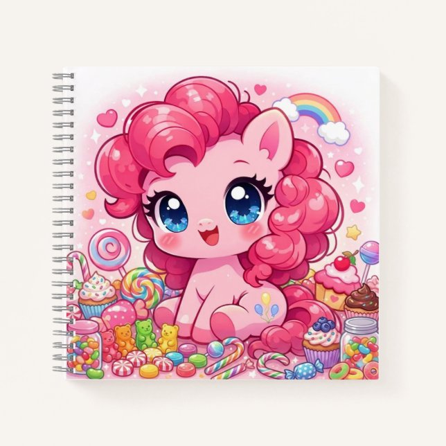 Kawaii Pink Pony Chibi Art – Sweet Candy & Cupcake Notebook (Front)
