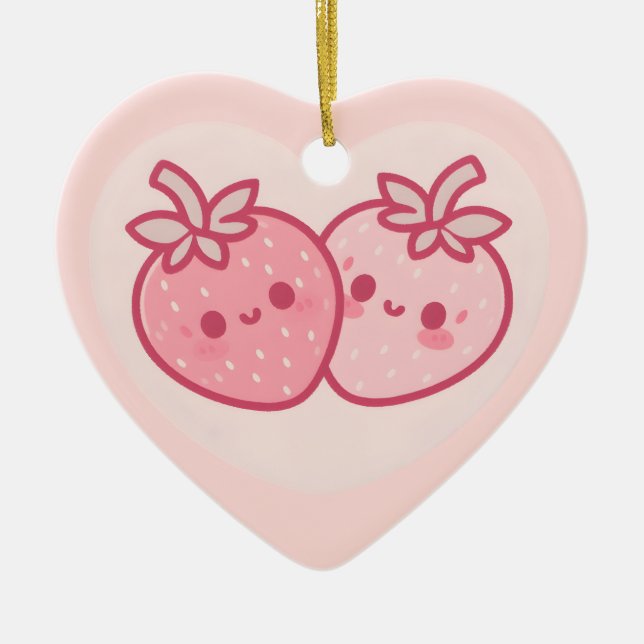 Kawaii Pink Valentines Strawberries Ceramic Tree Decoration (Front)