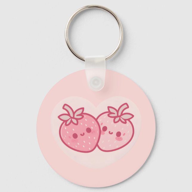 Kawaii Pink Valentines Strawberries Key Ring (Front)