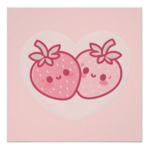 Kawaii Pink Valentines Strawberries Poster