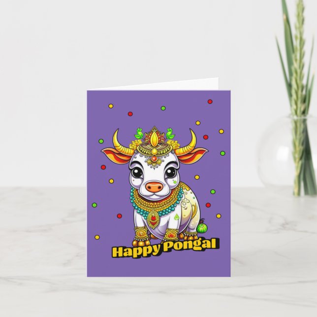 Kawaii Pongal Decorated Cow Card (Front)