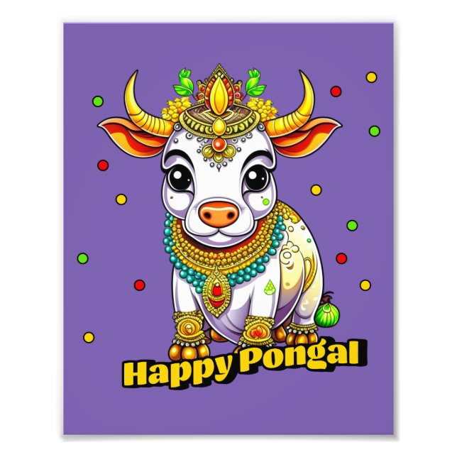 Kawaii Pongal Decorated Cow Photo Print (Front)