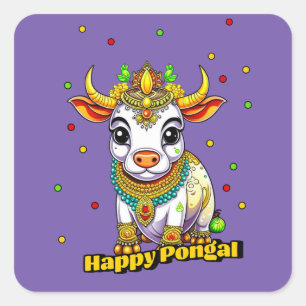 Kawaii Pongal Decorated Cow Square Sticker