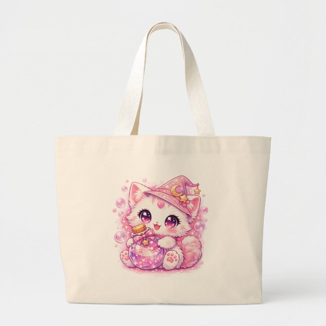Kawaii Potion Witch Kitty Large Tote Bag (Front)