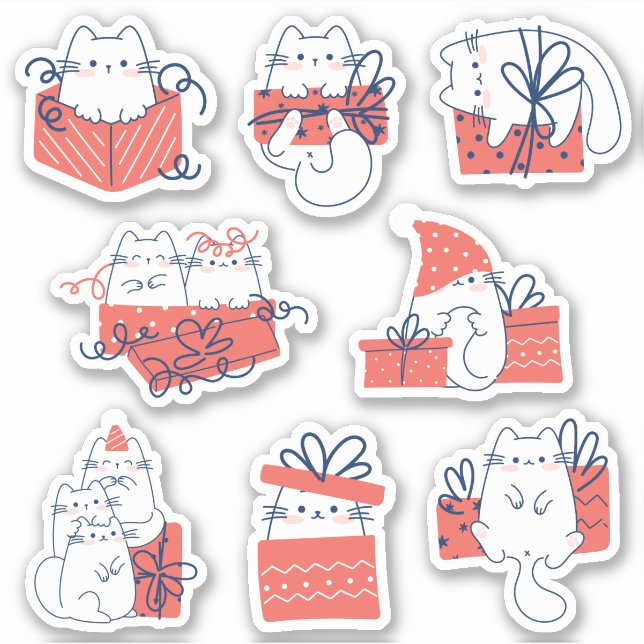 Kawaii Present Gift Box Kitty Vinyl Stickers (Front)