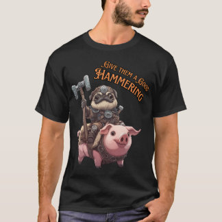 Kawaii Pug in Armour Riding Pig with Battle Hammer T-Shirt