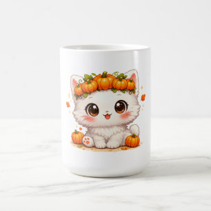 Kawaii Pumpkin Crown Kitty – Cute Autumn Cat Coffee Mug