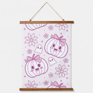 Kawaii Pumpkins, Ghosts & Flowers Hanging Tapestry