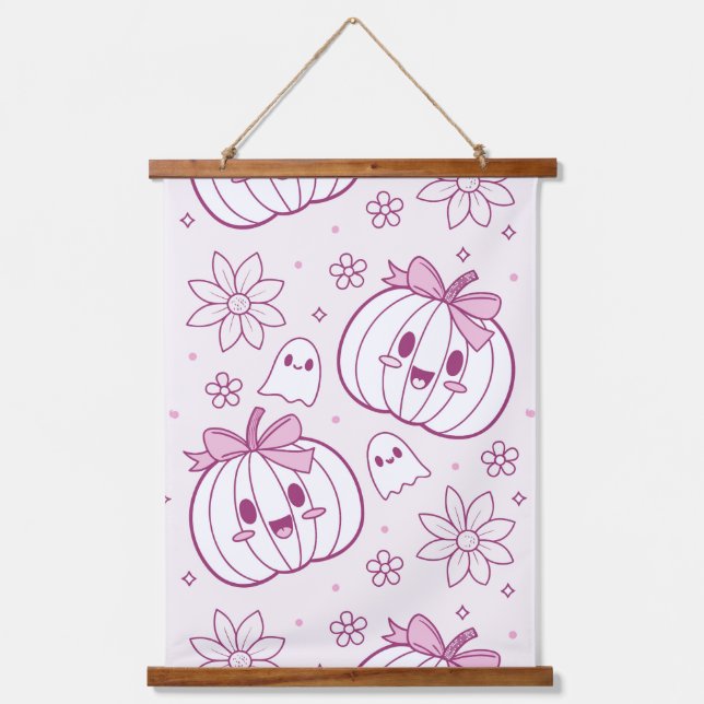 Kawaii Pumpkins, Ghosts & Flowers Hanging Tapestry (Front)