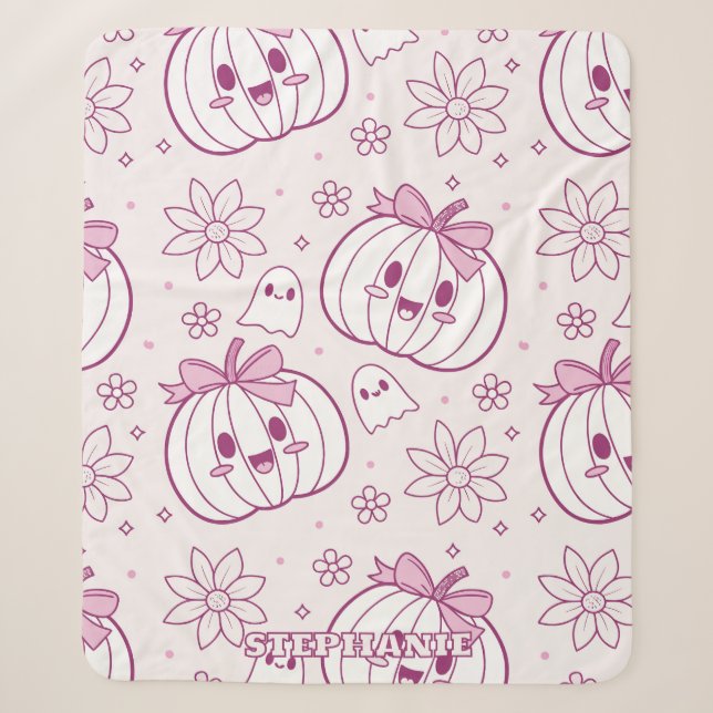 Kawaii Pumpkins, Ghosts & Flowers Sherpa Blanket (Front)