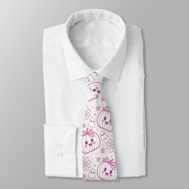 Kawaii Pumpkins, Ghosts & Flowers Tie (Tied)