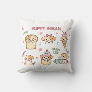 Kawaii Puppy Dream Illustration   Cute Cartoon Dog Cushion