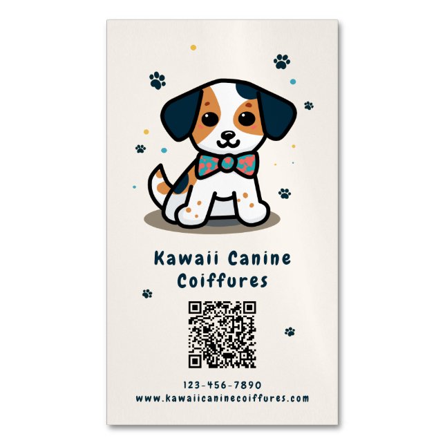 Kawaii puppy qr code dog grooming magnetic business card (Front Vertical)