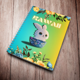 kawaii rabbit in a bowl decorated with flowers notebook