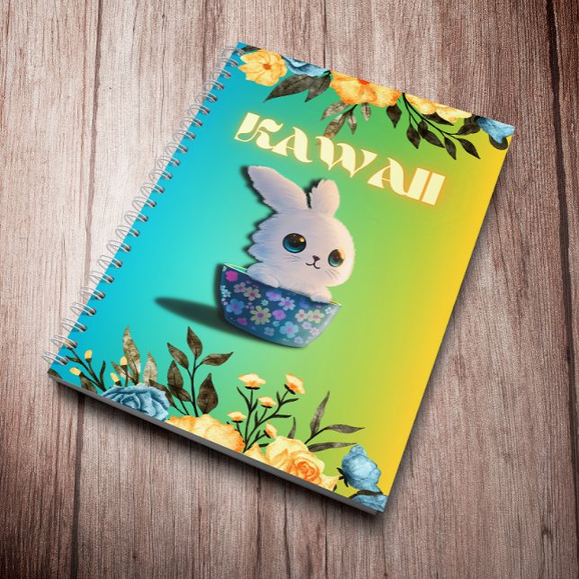 kawaii rabbit in a bowl decorated with flowers notebook (Creator Uploaded)