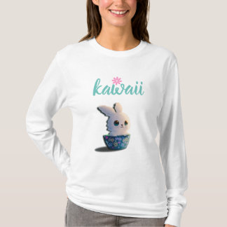 kawaii rabbit in a bowl decorated with flowers T-Shirt