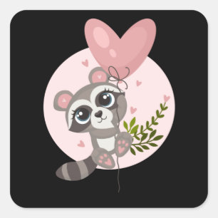 Kawaii Racoon with Balloon for Valentine's Day Square Sticker