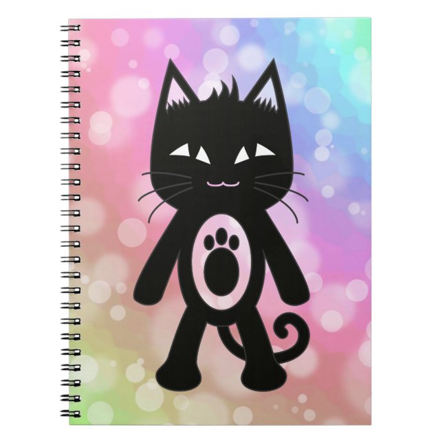 Kawaii Rainbow and Black Cat Spiral Notebook (Front)