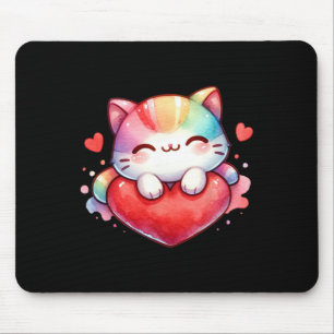 Kawaii Rainbow Cute Cat Hugging Heart Kitty Love C Mouse Pad