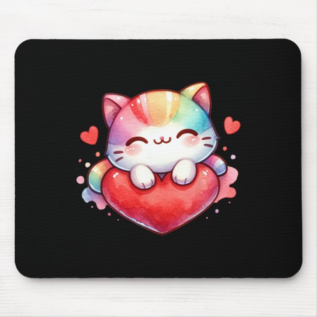 Kawaii Rainbow Cute Cat Hugging Heart Kitty Love C Mouse Pad (Front)