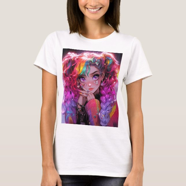Kawaii Rainbow Hair Braids Anime Girl T-Shirt (Front)