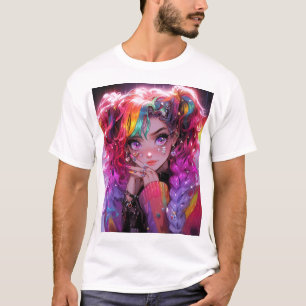Kawaii Rainbow Hair Braids Anime Girl T-Shirt