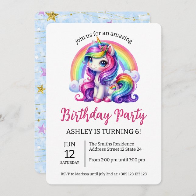 Kawaii Rainbow Unicorn Birthday Party Invitation (Front/Back)