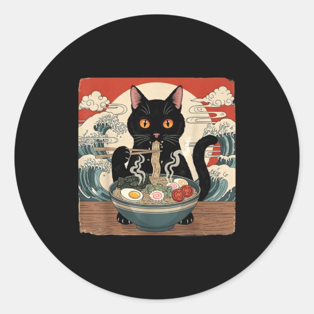 Kawaii Ramen Cat Anime Japanese Noodles Food Wave  Classic Round Sticker (Front)