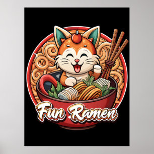 Kawaii Ramen Cat Retro Japanese Noodles Artwork T- Poster