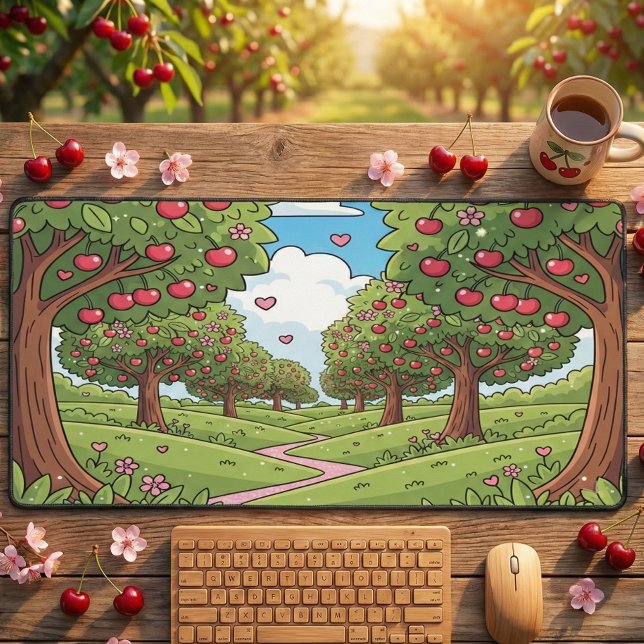 Kawaii Red Cherry Vibes Cute Girly Aesthetic Desk Mat (Creator Uploaded)