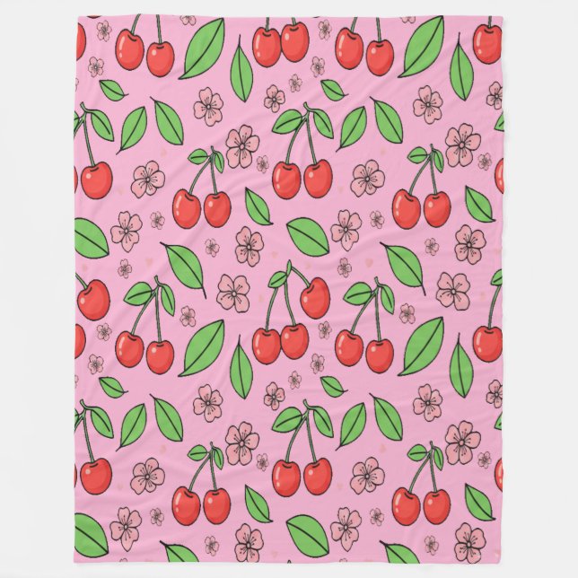 Kawaii Red Cherry Vibes Cute Girly Aesthetic Fleece Blanket (Front)