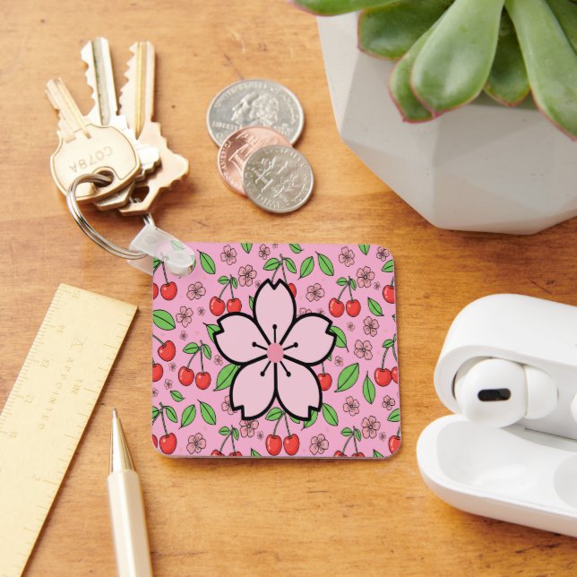 Kawaii Red Cherry Vibes Cute Girly Aesthetic Key Ring (Desk)
