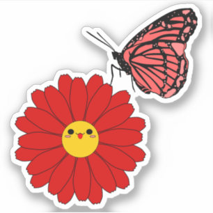 Kawaii Red Daisy with Butterfly Vinyl Sticker
