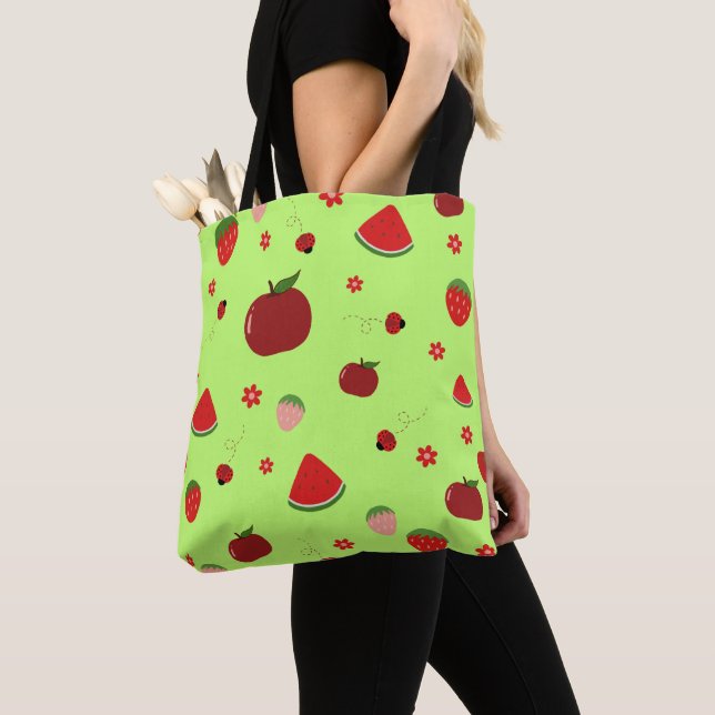 Kawaii Red Fruits Pattern in Lime Green Tote Bag (Close Up)