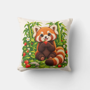 Kawaii Red Panda Strawberry Garden Throw Pillow